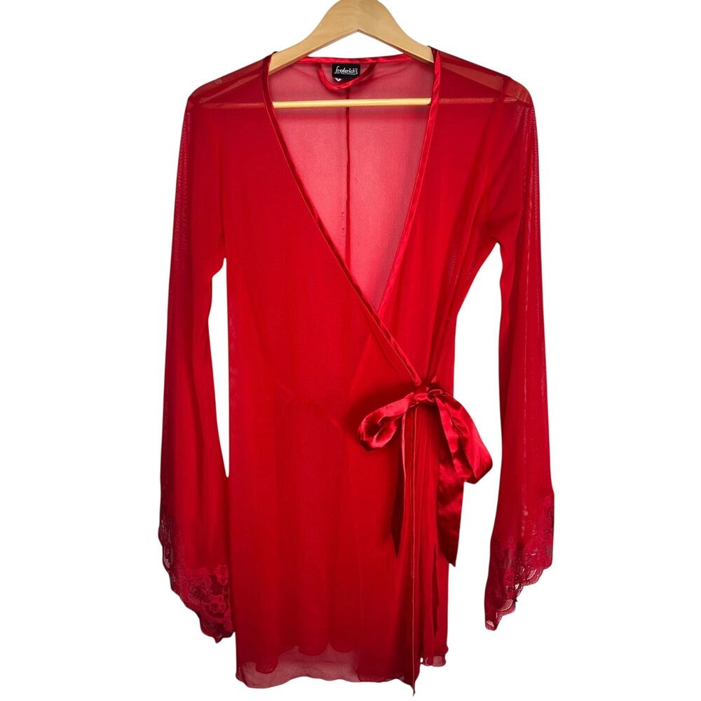 Frederick’s of Hollywood Women's Red Sheer Mesh Lace Wrap Lingerie Robe Medium